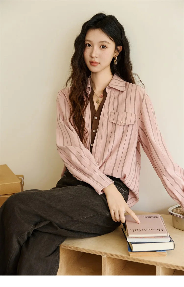 MISHOW Peach Skin Velvet Stripe Shirt for Women Autumn 2025 Double Layered Collar Contrasting Color Shirt Commute Top MXE47C2408