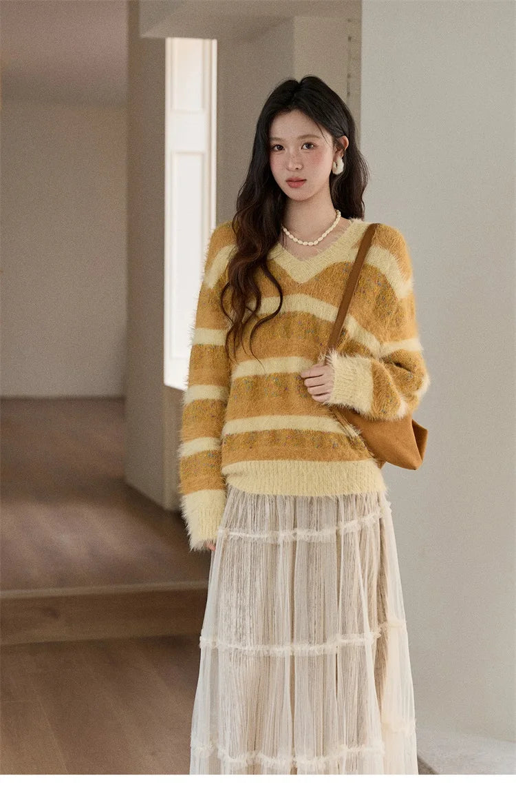 MISHOW Women's V-neck Knit Pullover Retro Yellow Striped Sweater 2025 Casual Faux Mink Jacquard Loose Knit Sweater MXE87Z2766