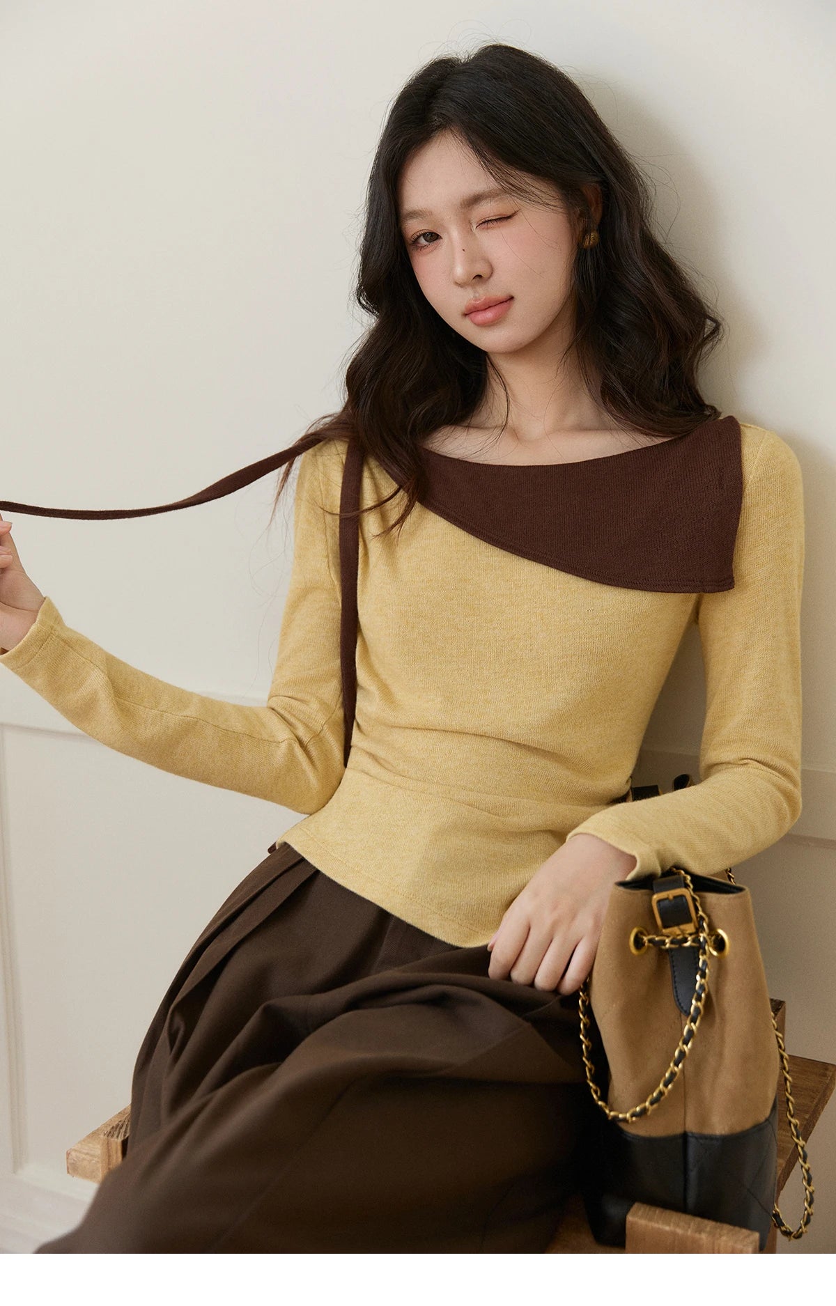 MISHOW Women's Yellow Brown Irregular Top 2026 Spring Contrast Color Oblique Collar Long Sleeve Casual Knitted Tops MXF11Z2911