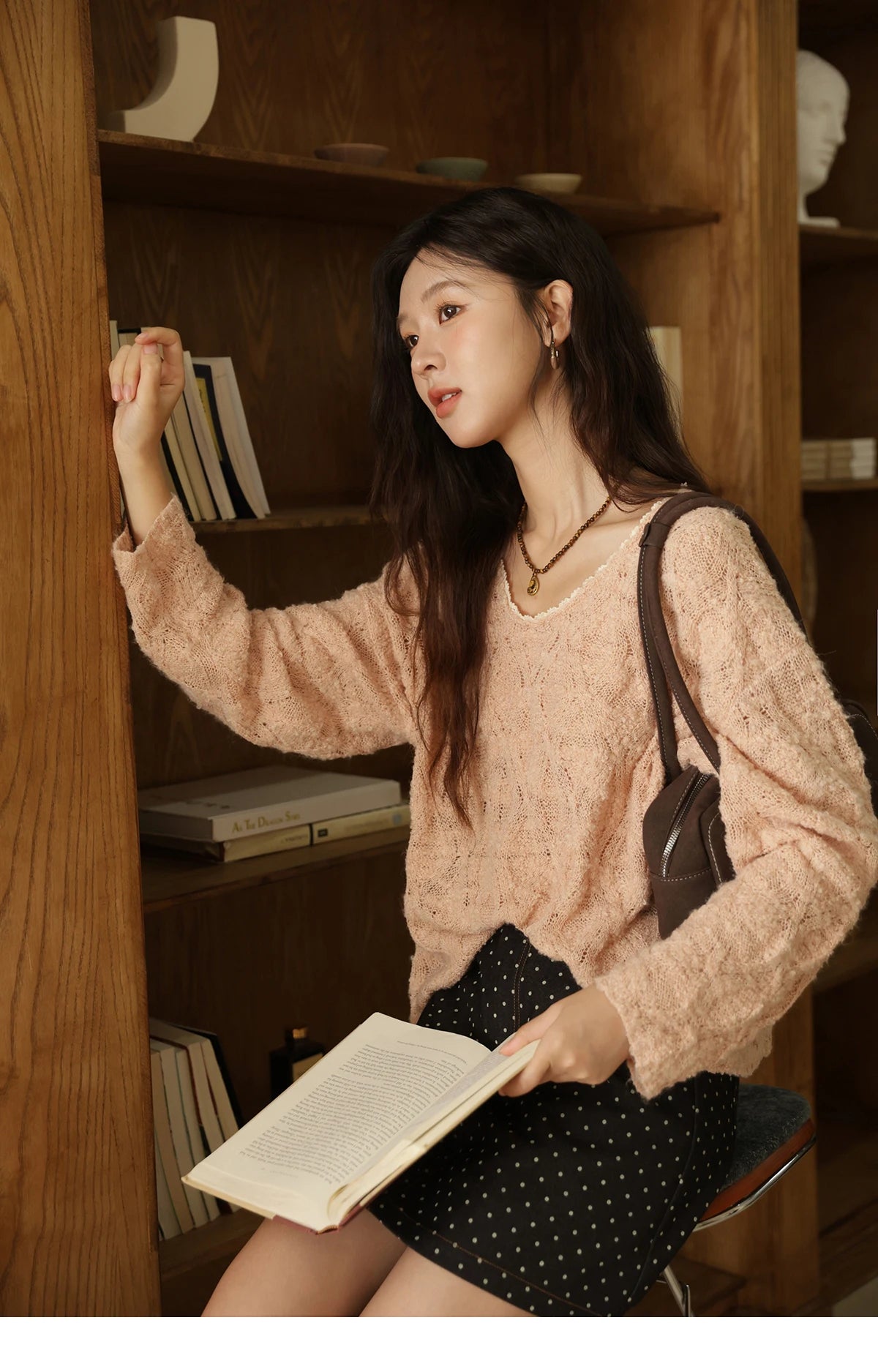 MISHOW Bamboo Loop Yarn Knitted Sweater for Women Autumn 2025 Hollow V-neck Lace Sweater Casual Solid Pullovers Tops MXE43Z1349