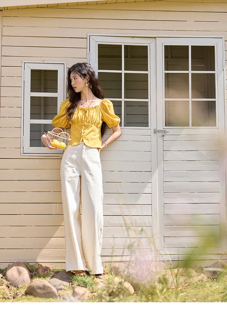 MISHOW Yellow Polka Dot One Shoulder Blouses for Women Summer 2025 Back Elastic Vintage 100 Cotton Top Lace-up Blouse MXE35X1840