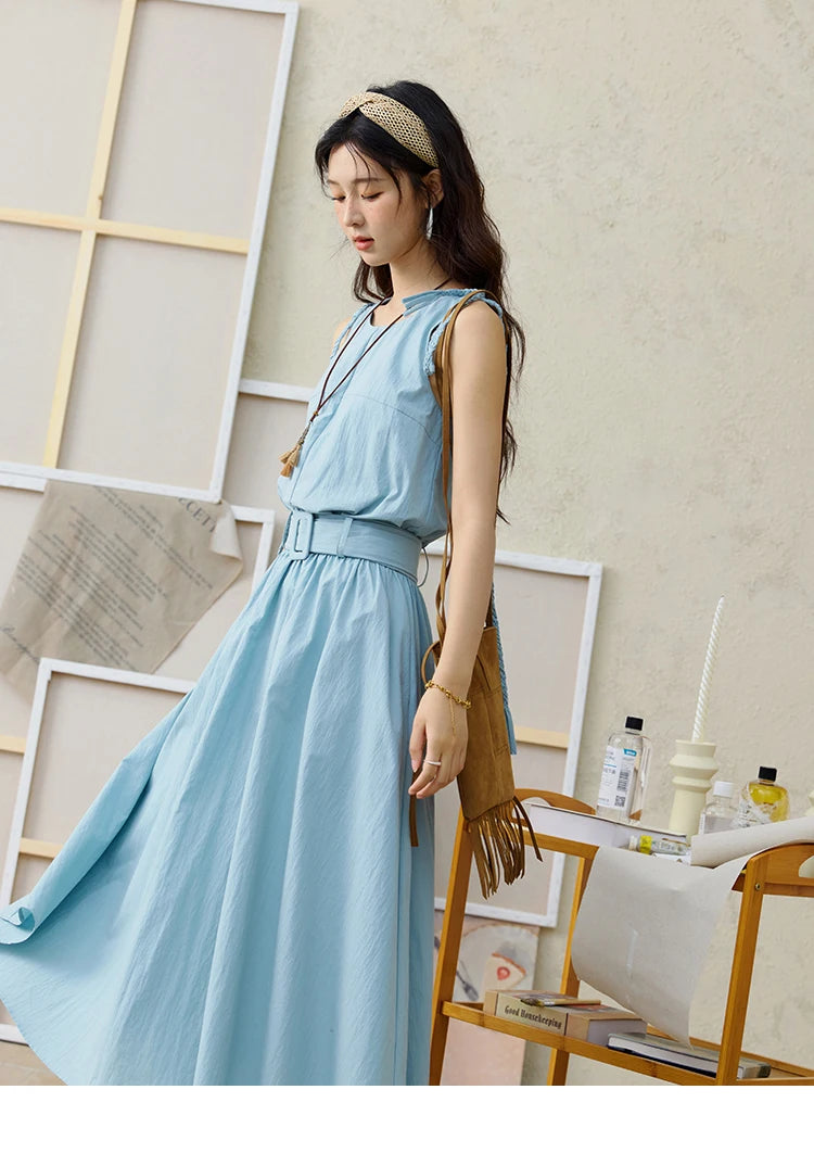 MISHOW Women's Vest Dress 2025 Summer Hand Woven Fried Dough Twists Waist Belt Slim Long Dress A-line Vacation Dress MXE34L2223