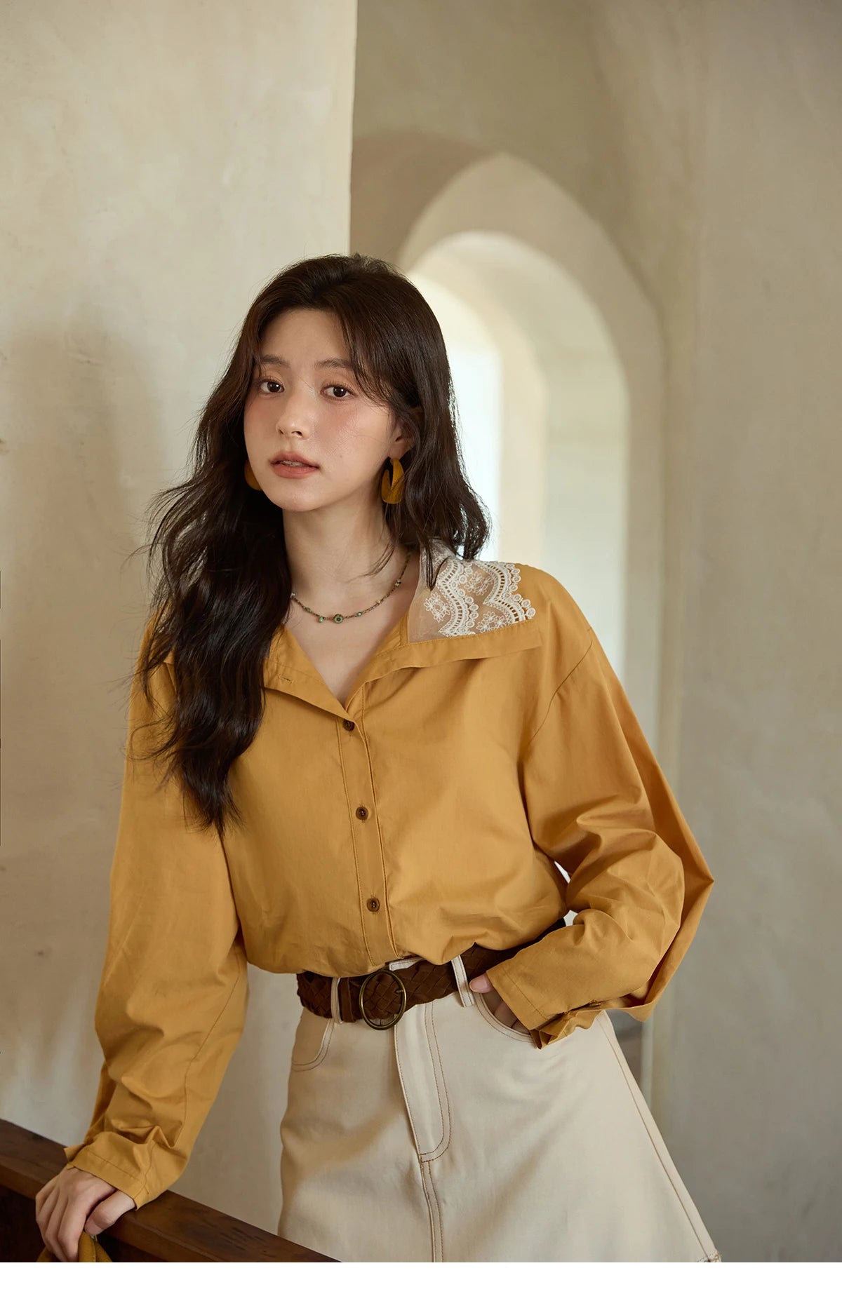 MISHOW Autumn Solid Cotton Shirt Autumn V-neck Double-layer Lace Retro Design Shirts Single Breasted Tops Office Lady MXE41C2366