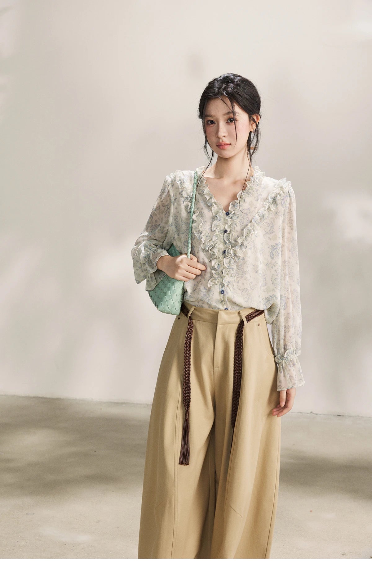 MISHOW Women's Khaki Wide Leg Pants 2026 Spring High Waist Belted Pants Rear Fake Pocket Design Casual Loose Trousers MXF13K1237