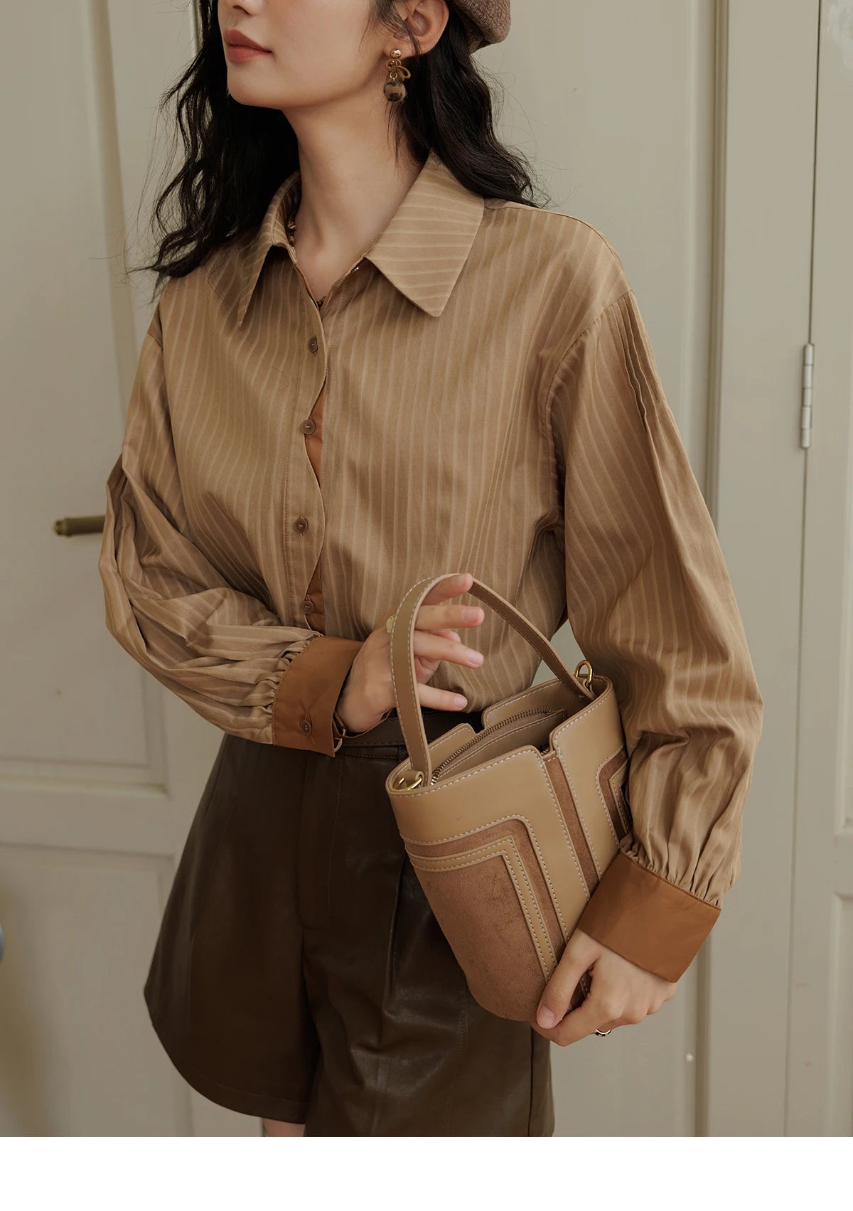 MISHOW Striped Casual Shirt for Women 2024 Autumn Retro Lapel Long Sleeve Top Contrasting Cuffs Shirts Office Lady MXD42C0301