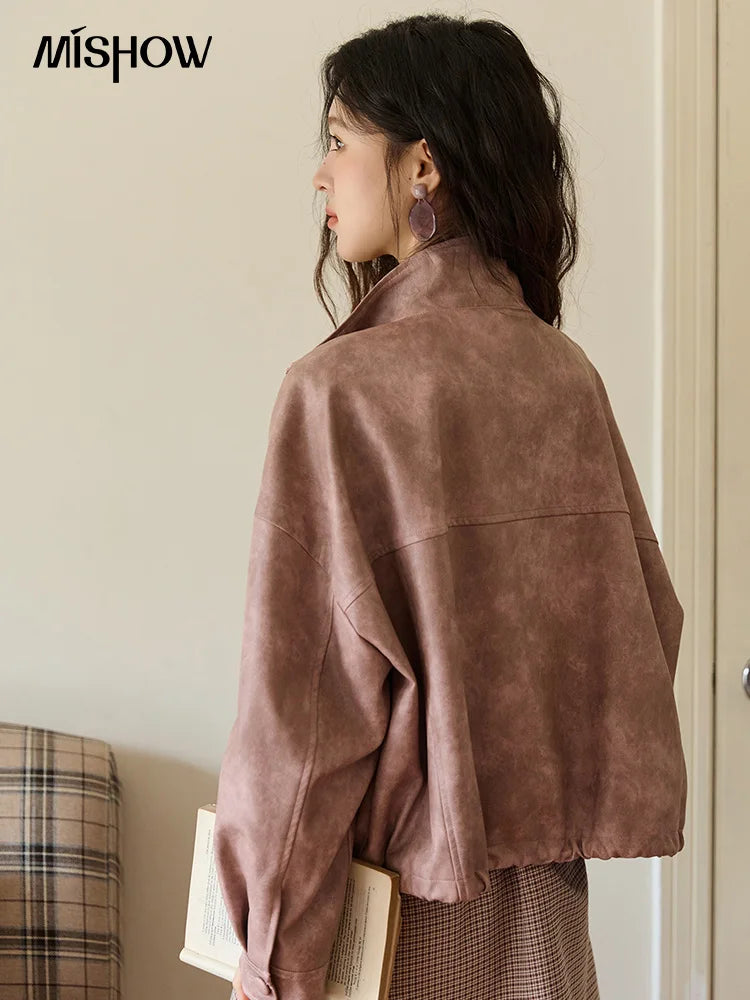 MISHOW Women's Dyed Leather Jackets 2025 Autumn Short Contrasting Plaid Lapel Jacket Fashion Loose Bow Pockets Coat MXE44W0818