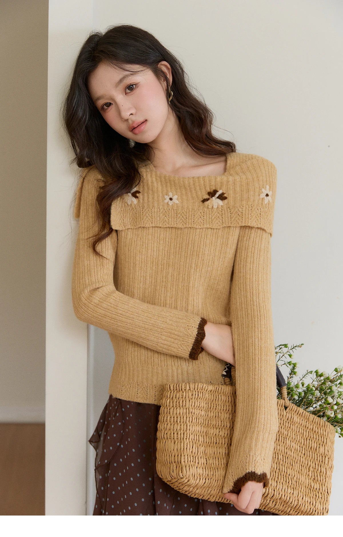 MISHOW Women's Yellow Ribbed Knit Sweater 2026 Spring One Shoulder Collar Floral Embroidery Long Sleeve Thin Sweaters MXF11Z2894