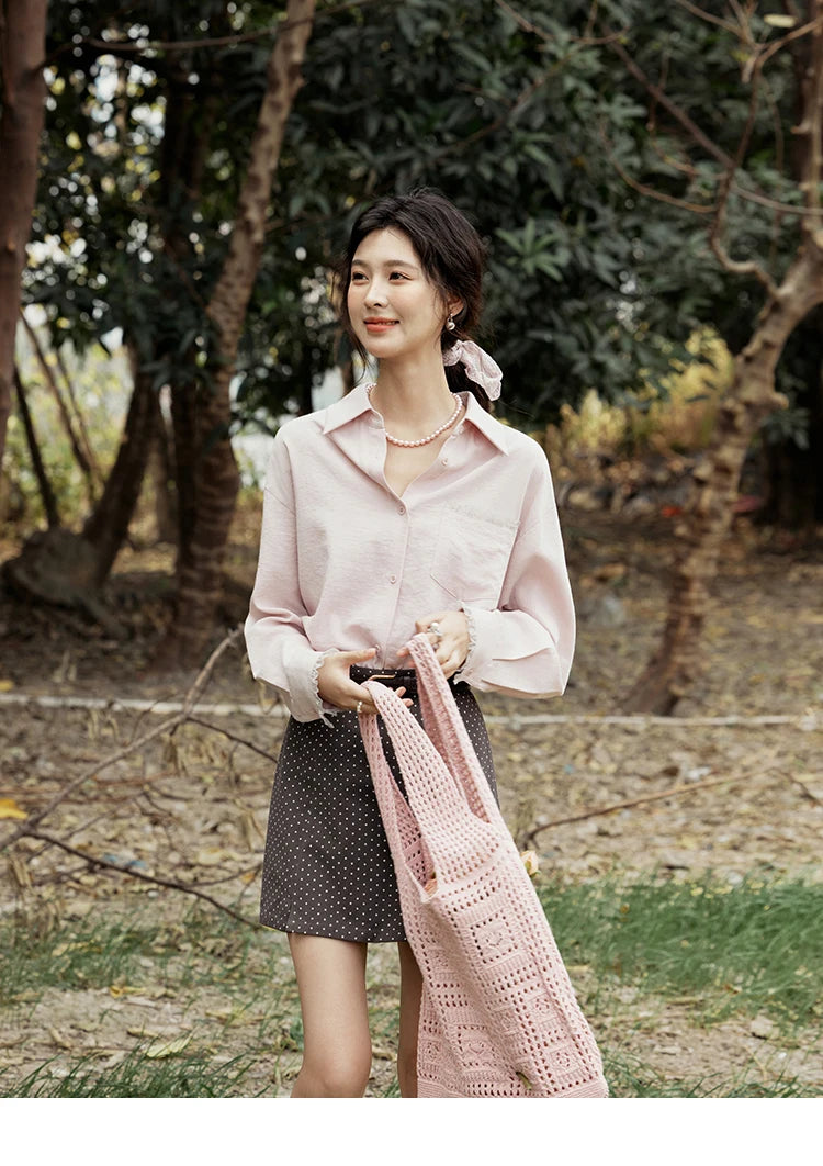 MISHOW French Spring Blouses Women 2025 New Long Sleeve Turn-down Collar Loose Shirts Female Fashion Lace Casual Tops MXE16C0760