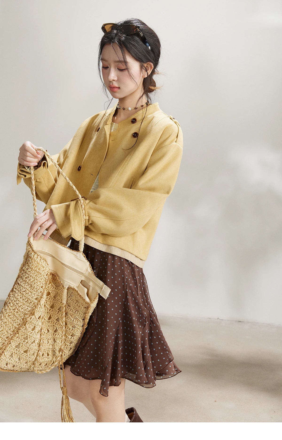 MISHOW Women's Yellow Double-Breasted Trench Stand Collar Coat Adjustable Cuffs Splicing Striped Hem Casual Outerwear MXF11W1026