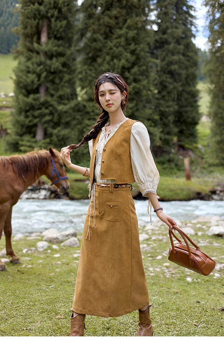 MISHOW Retro High Waist Suede Midi Skirt for Women Autumn 2024 Symmetrical Lip Pouch Skirts Slim Solid A-LINE Skirt MXD41B0486