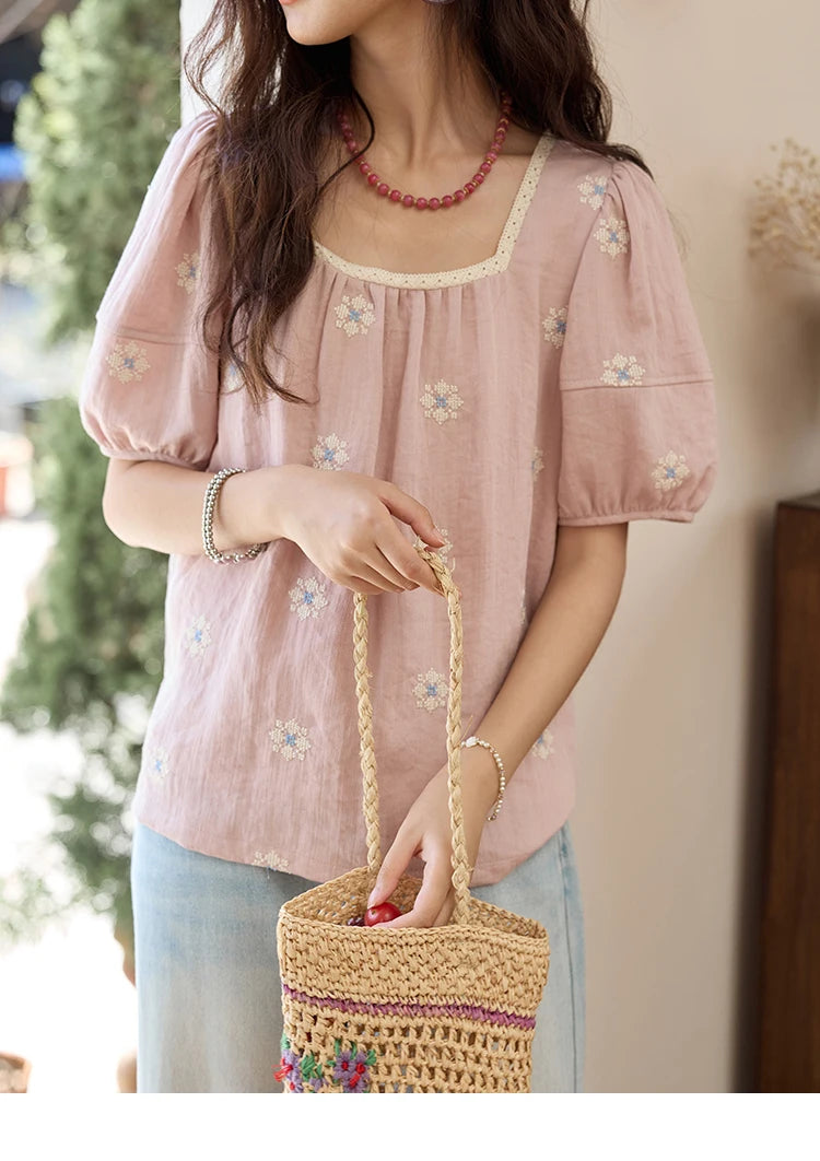 MISHOW Pink Embroidered Linen Floral Blouse for Summer 2025 A-line Square Collar Blouses Lace Patchwork Loose Tops MXE35X1834