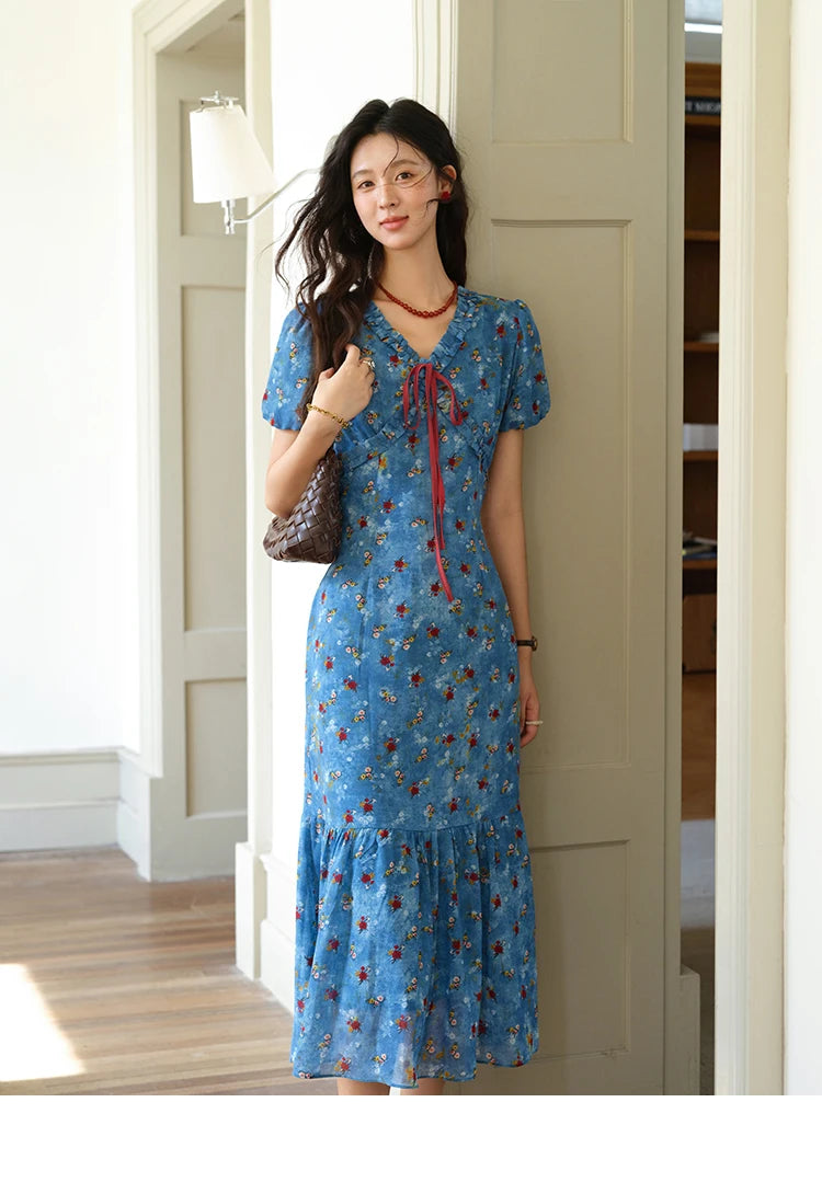 MISHOW Women's V-neck Lace Up Dress 2025 Summer New Female Fashion Puff Sleeve Chiffon Print Dresses Ladies Clothing MXE39L2401