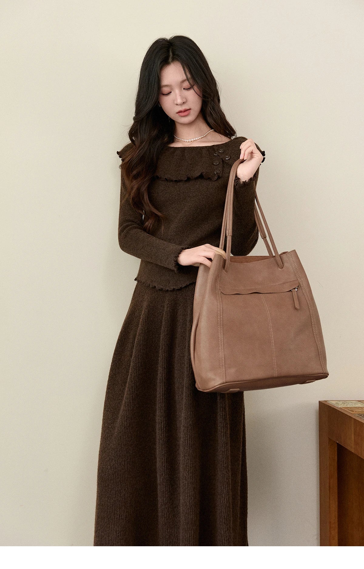 MISHOW Women's Retro Knitted Two-Piece Set 2025 Winter Coffee Ruffle Boat Neck Top A-Line Elastic Waist Skirt Outfit MXE93T1455