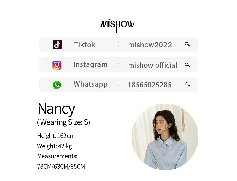 MISHOW Women's French Blue Shirt Long Sleeve 2025 Spring Polo Collar Waist Pocket Versatile Shirt Single Breasted Top MXE14C0753