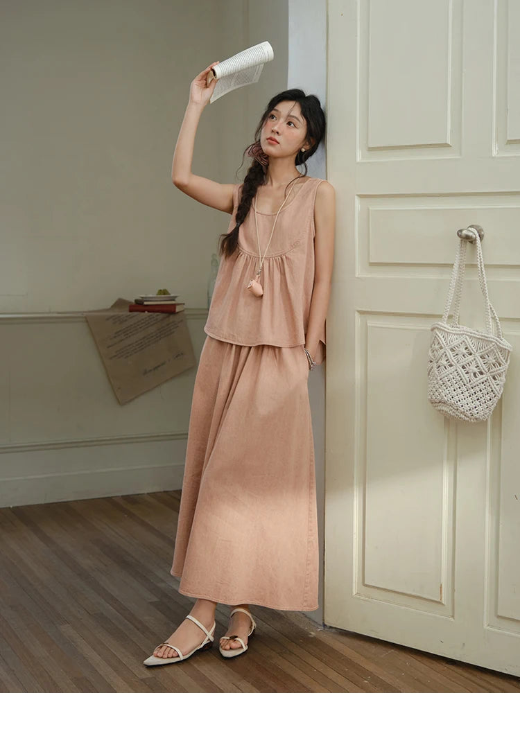 MISHOW Ladies 2 Pieces Set 2025 Summer New U-shaped Collar Sleeveless Top Fashion A-line Skirt Set Women's Clothing MXE35T0606