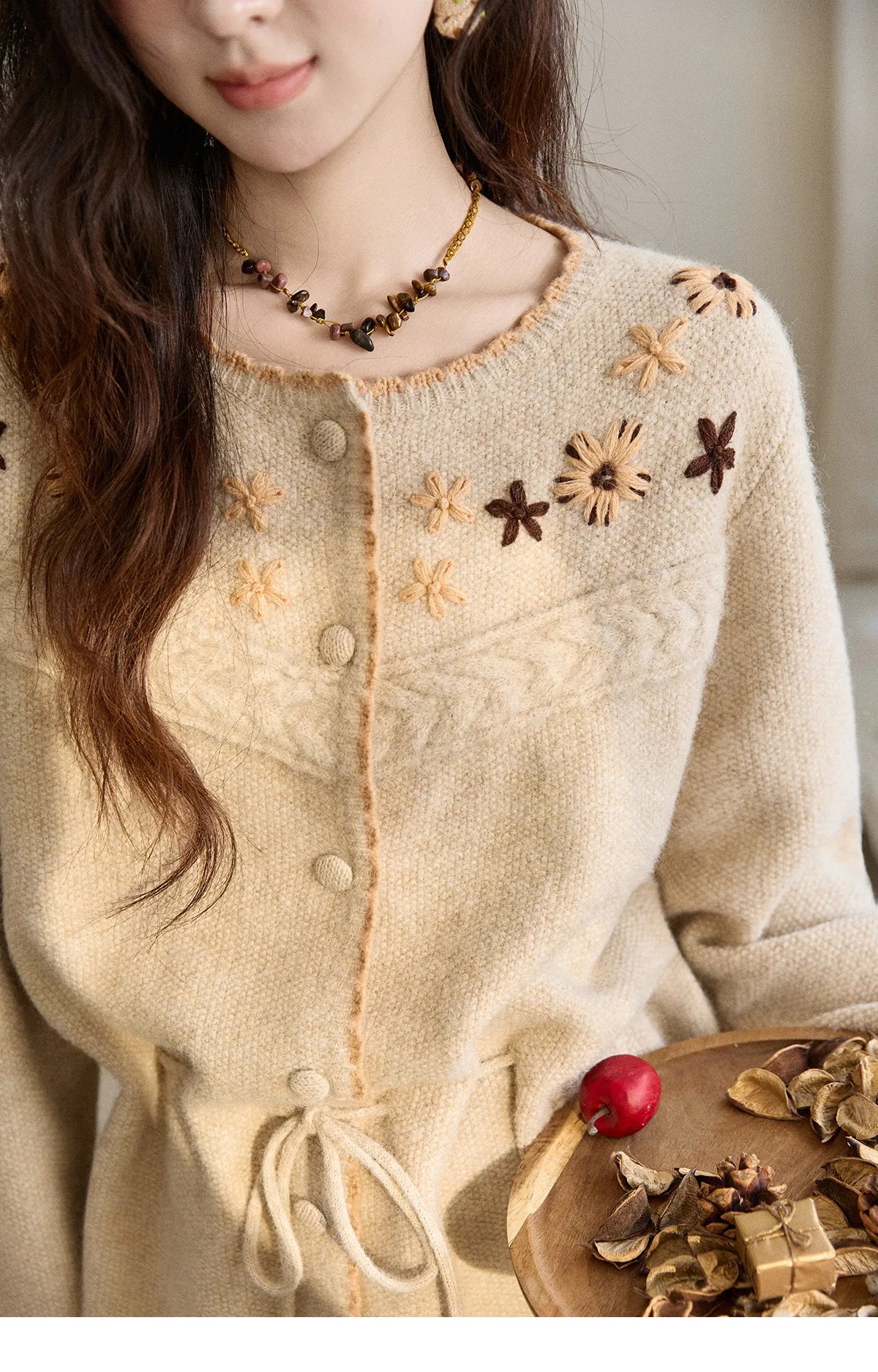 MISHOW Women's Apricot Hand-Embroidered Cardigan 2025 Winter Wool Blend Sweater Waist Tie Crochet Thick Warm Knitwear MXE87Z2702