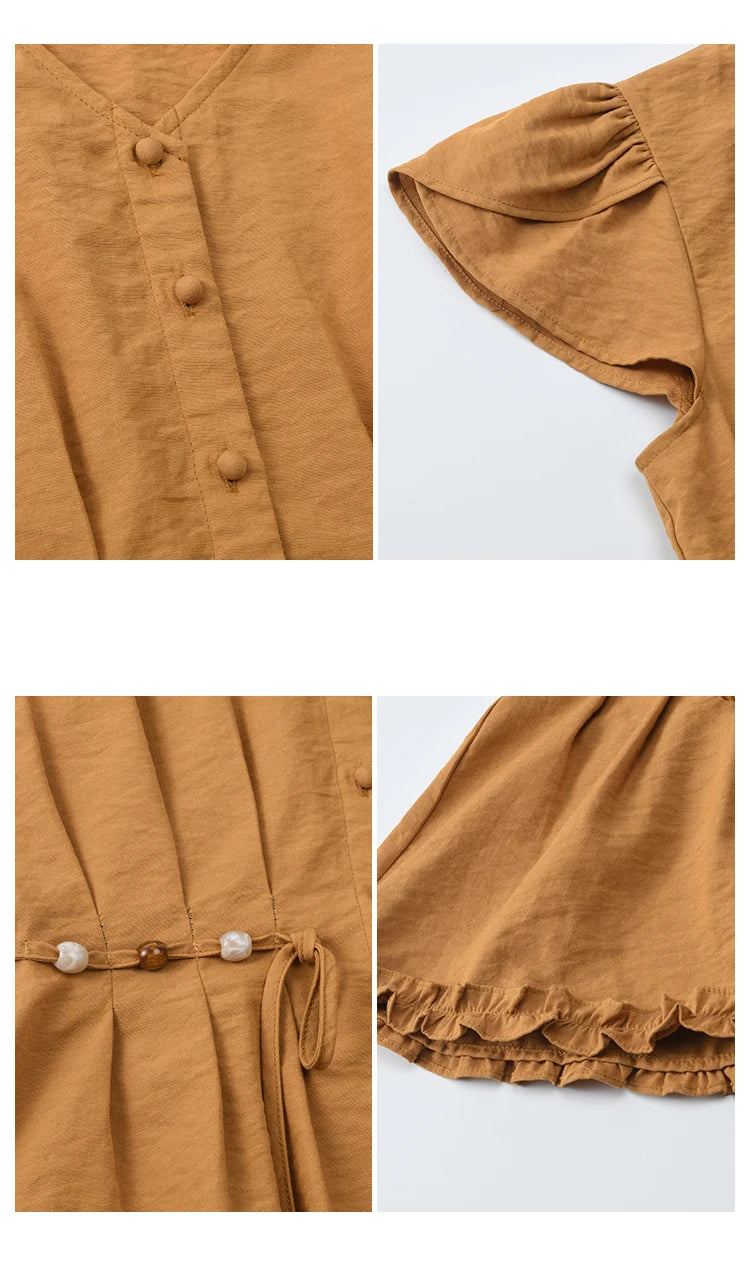 MISHOW Women's Petal Sleeve Slim Shirt 2025 Summer New V-neck Button Bead belt Black Fungus Edge Top Ladies Clothing MXE39X1881