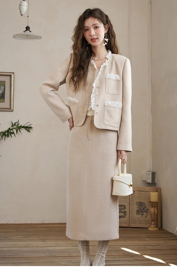 MISHOW French Fragrant Coat Solid Skirt Separately 2025 Spring Collar Pocket Splicing Lace Top Hem Split Back Skirt MXD12W0274