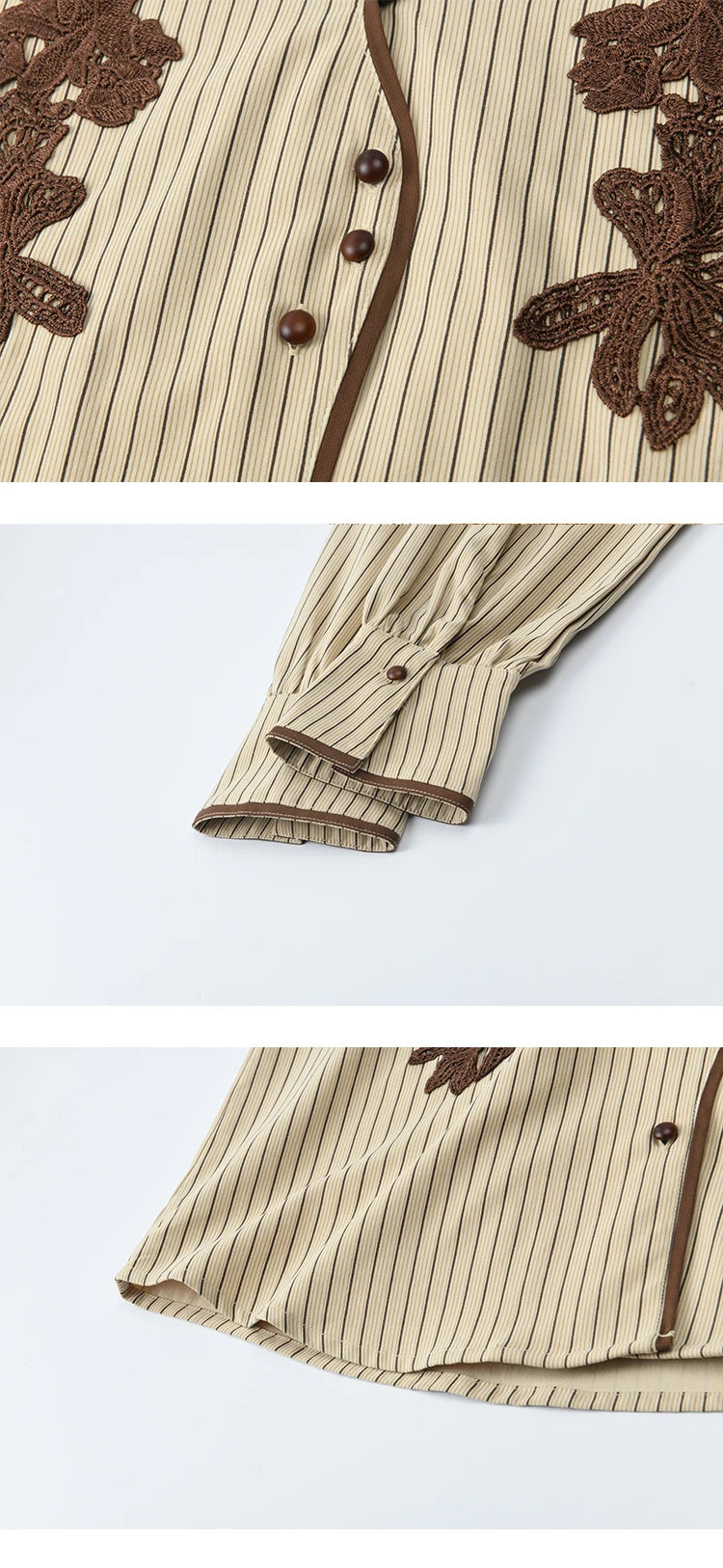 MISHOW Khaki Brushed Striped Shirt 2025 Autumn Vintage Lace Embroidered Long Sleeved Shirts Asymmetric Placket Top MXE45C2402