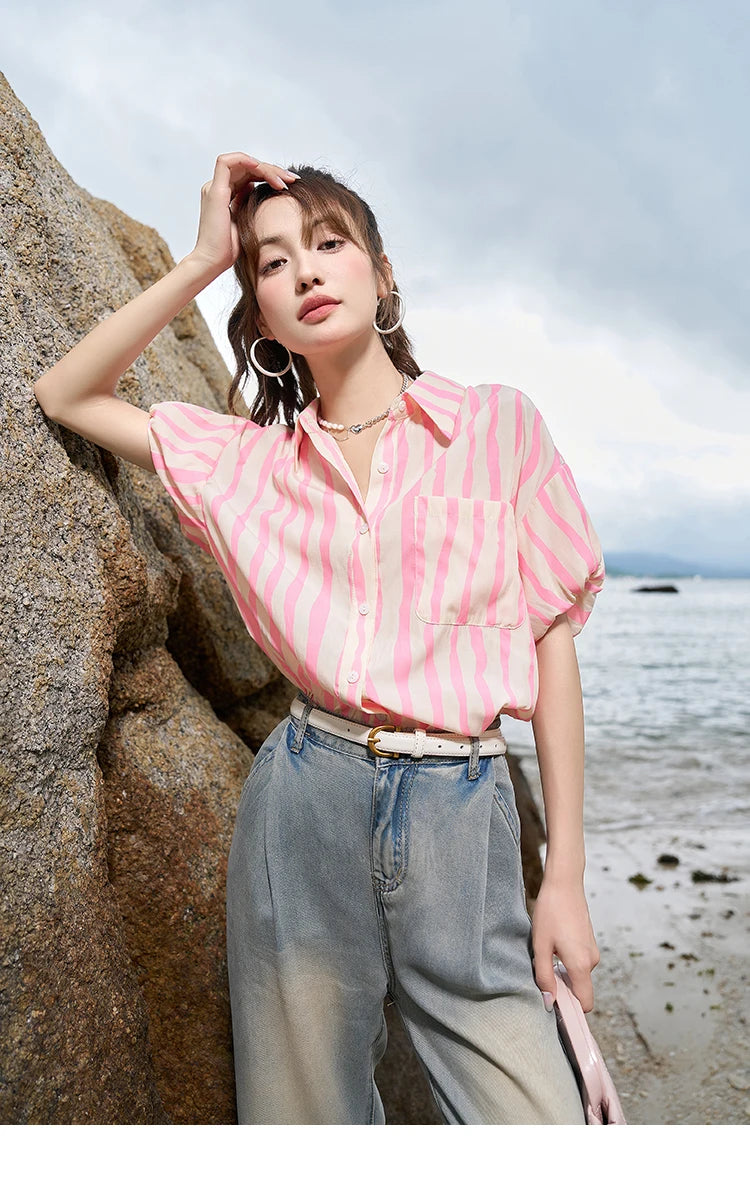 MISHOW Women's Striped Shirt 2023 Summer Korean Loose Puff Sleeve Polo Neck Pocket Casual Tops STRAIGHT Office Lady MXC38C0072