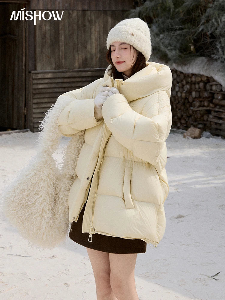 MISHOW Soft 90 Velvet Hooded Down Jacket for Women 2025 Winter Milk Yellow Bread Jacket Loose Jacket Warm Velvet Coat MXE92Y0090