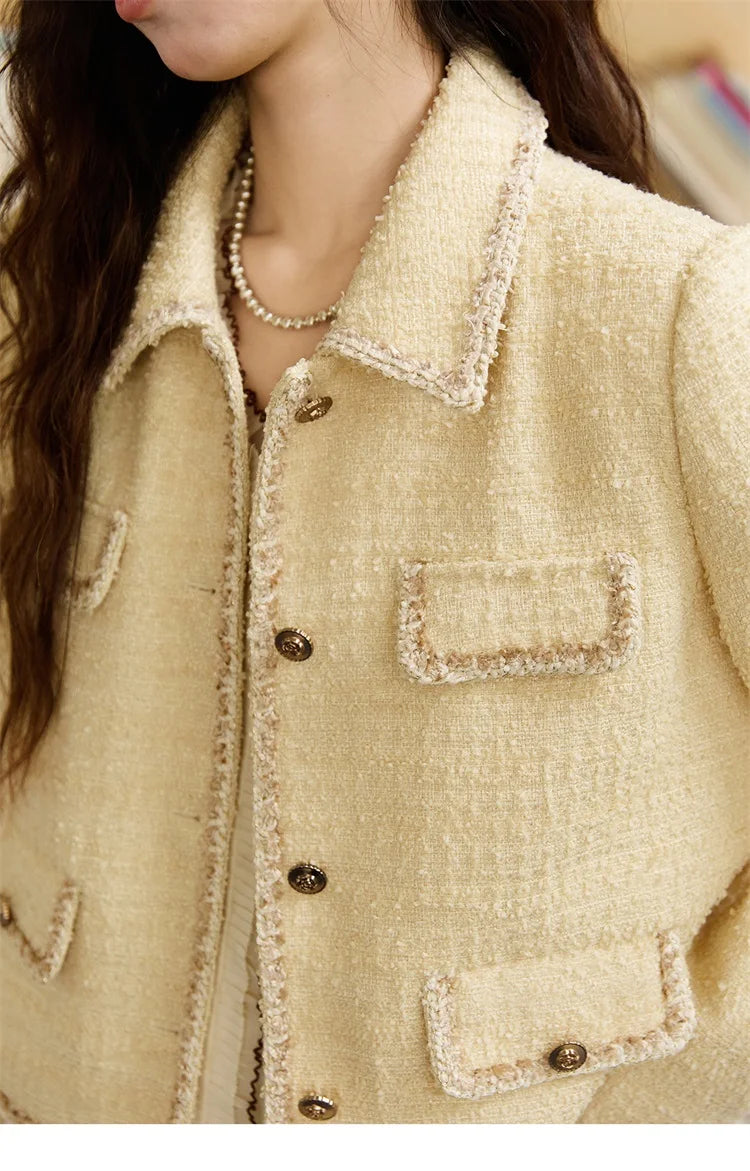 MISHOW Women's Fragrant Tweed Coat 2025 Autumn Retro Woven Short Top Metal button single breasted Lapel Commute Coats MXE46W0837
