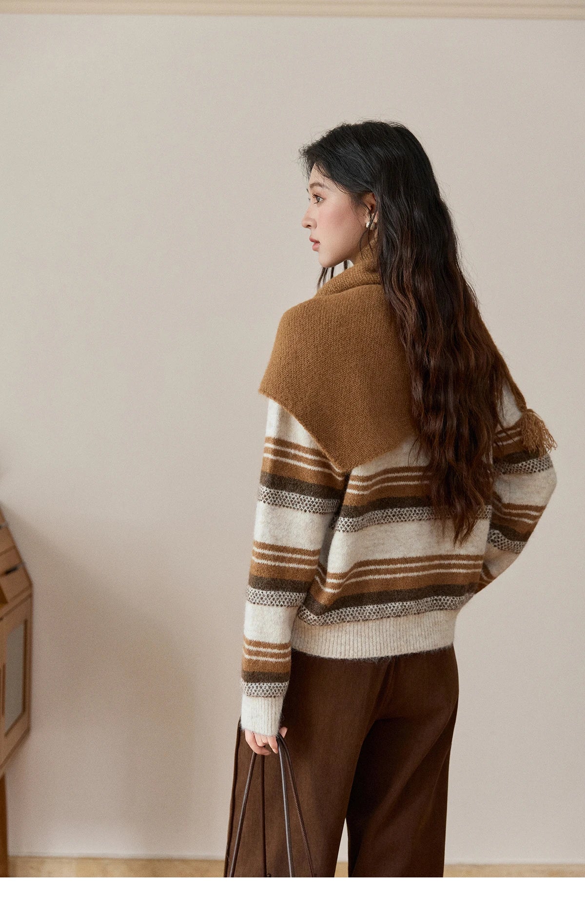 MISHOW Women's Wool Blend Retro Striped Sweater with Scarf Set 2025 Winter Knitted Round Neck Warm Loose Sweaters MXE94Z2987