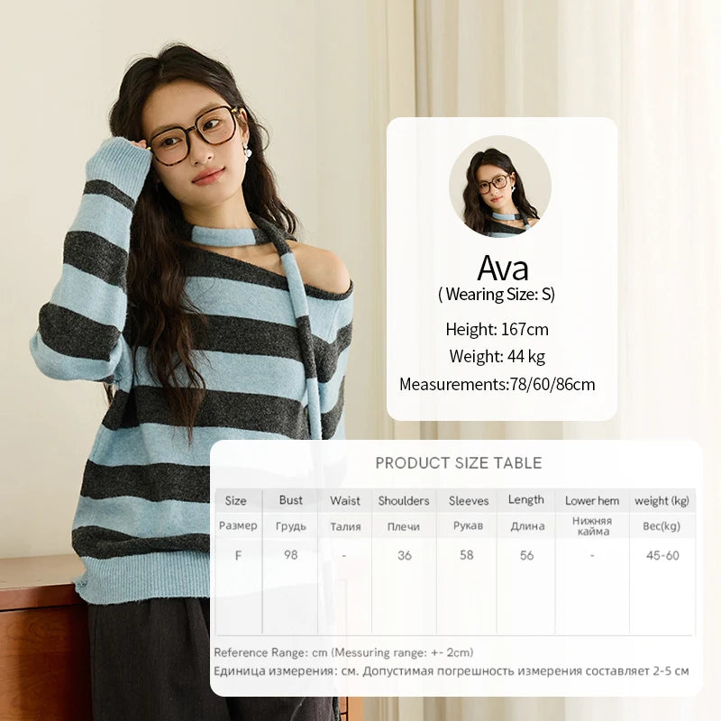 MISHOW Blue Gray Stripe Knitted Top 2025 Autumn Slanted Shoulder Collar Sweaters with Ribbon Loose Wool Blend Sweater MXE46Z2540