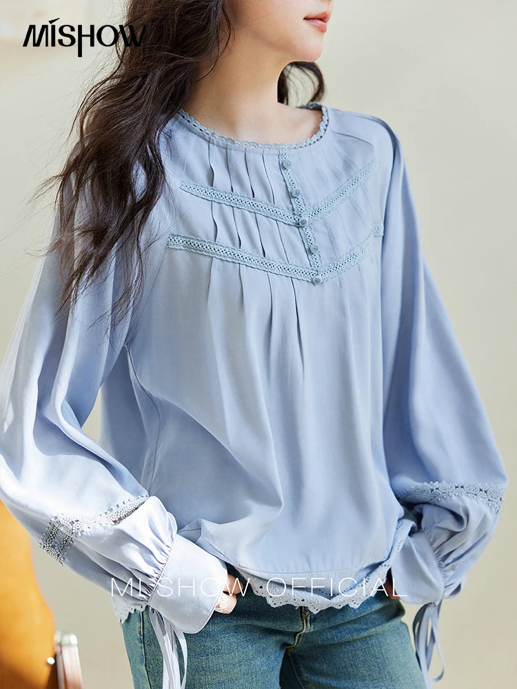 MISHOW Blue Lace Patchwork Shirt for Women 2025 Spring Sleeve Lace-up Hem Wave Edge Top Lantern Sleeve Loose Shirt MXE14X1716