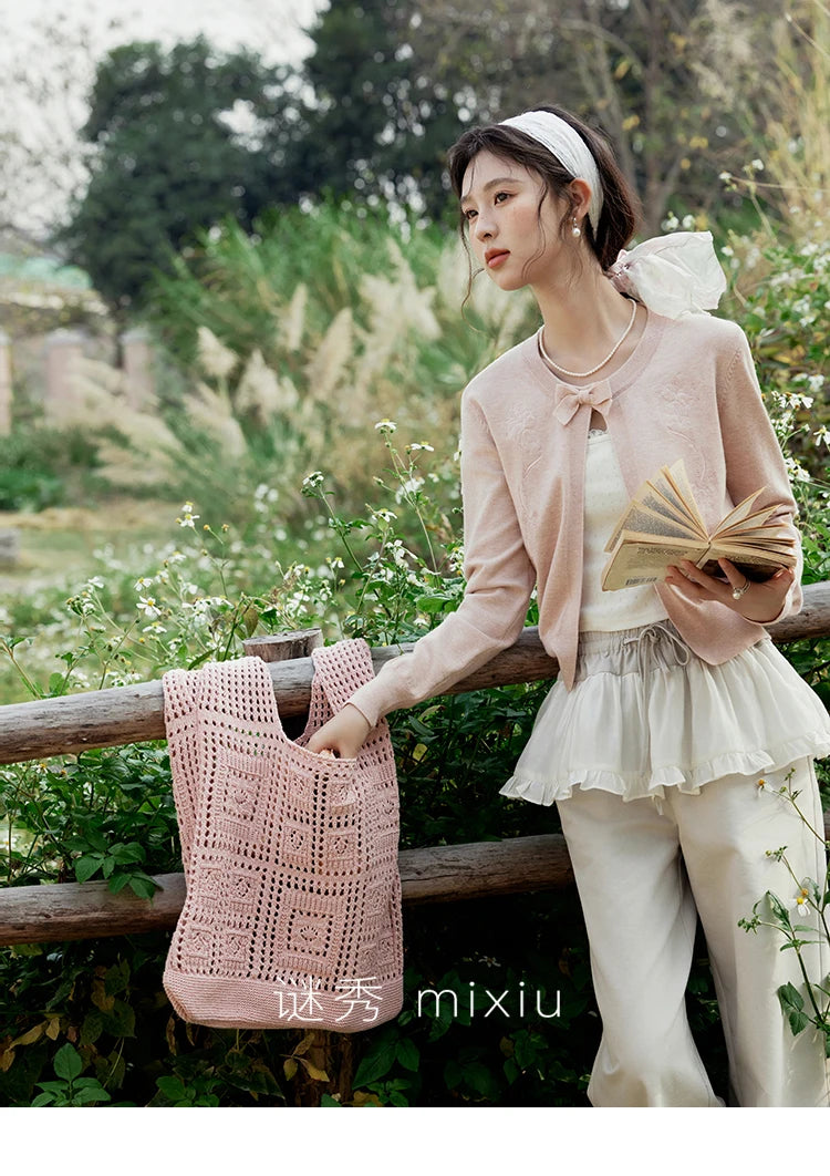 MISHOW Iris Embroidery Round Neck Cardigan for Women Spring 2025 Loose Knitted Thin Bow Design（Not Include Lace Vest） MXE13Z1142