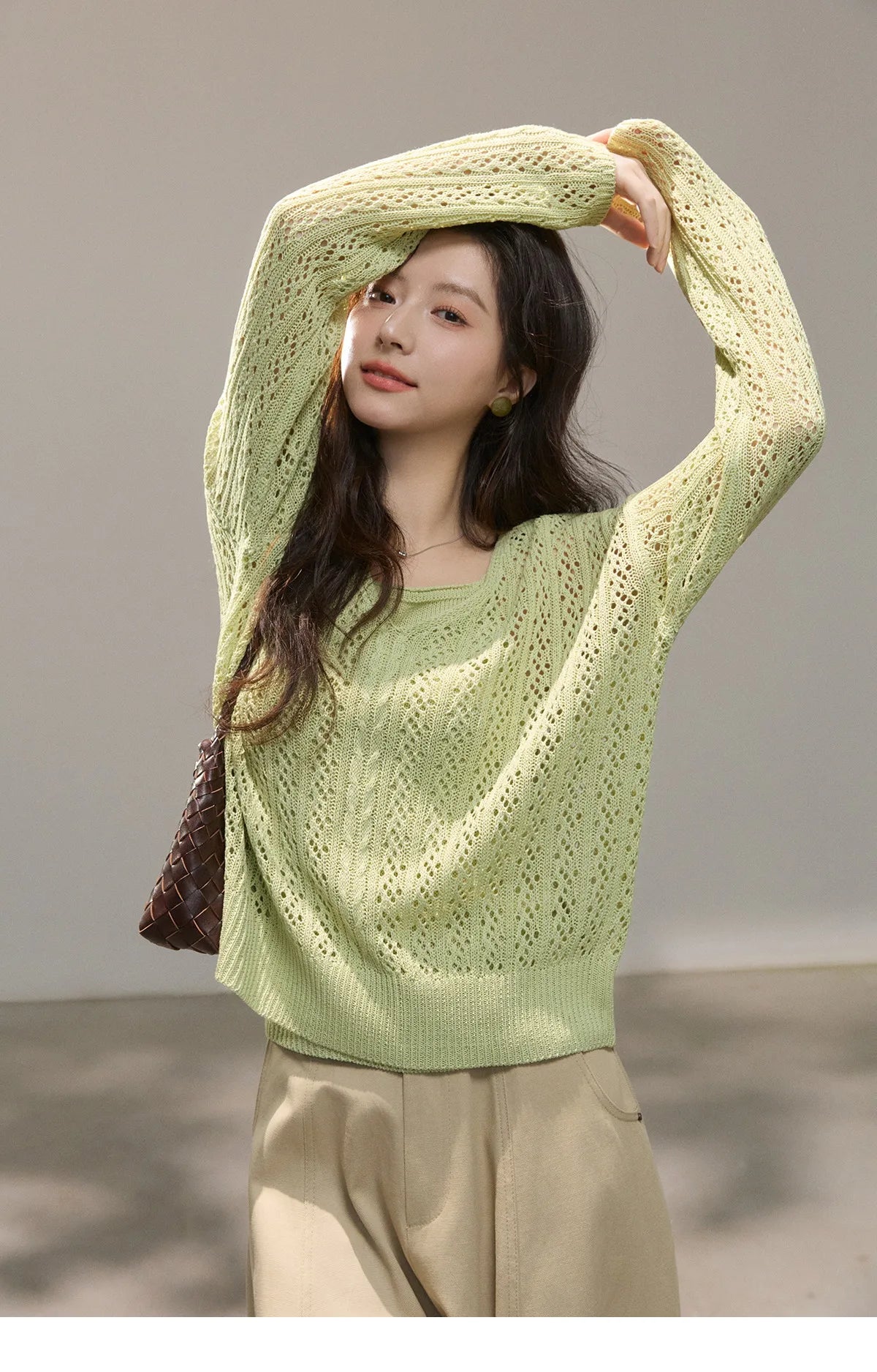 MISHOW Women's Hollow Out Cable Knit Tops with Camisole Two Piece Set Spring Loose Casual Breathable Green Sweater MXF16T1524