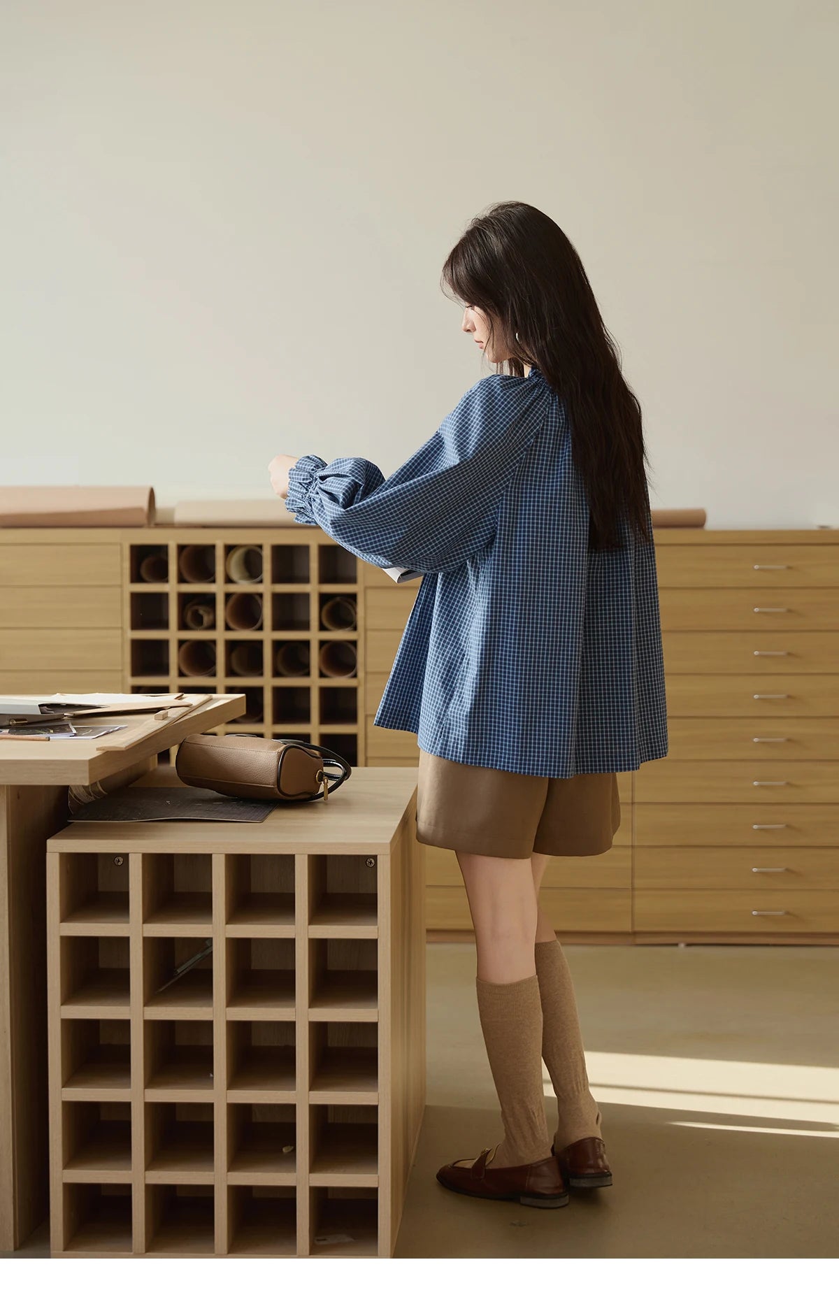 MISHOW Blue Plaid Embroidered Shirt Autumn 2025 Black Fungus Edge Collar Lace-up Doll Shirt 100cotton Loose Retro Top MXE44X2467