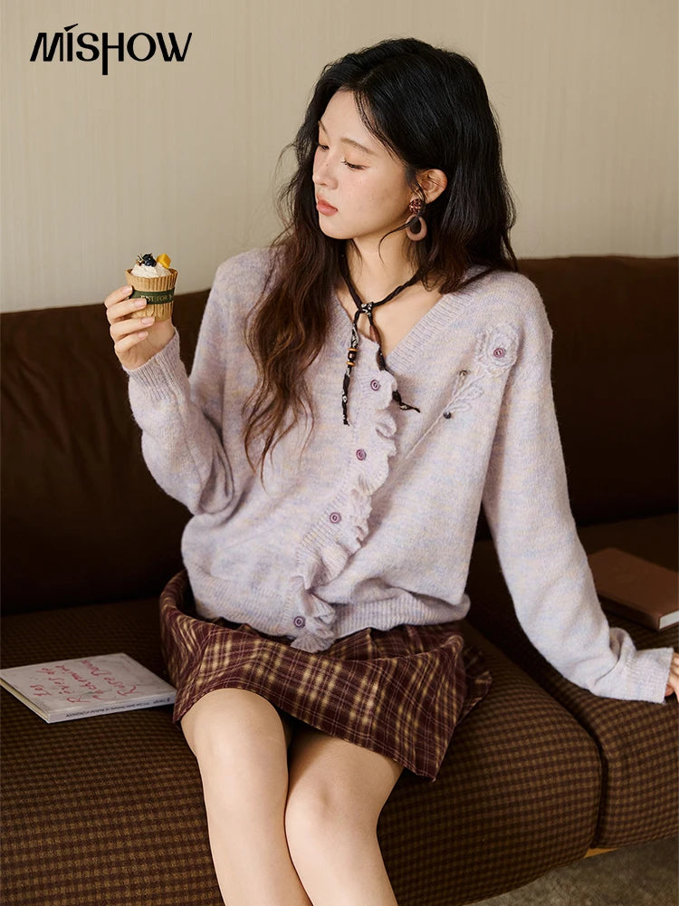 MISHOW Knitted Cardigan Women 2025 Autumn French Style Flower Embroidered V-neck Cardigan Luxury Long-sleeved Top MXE47Z2498