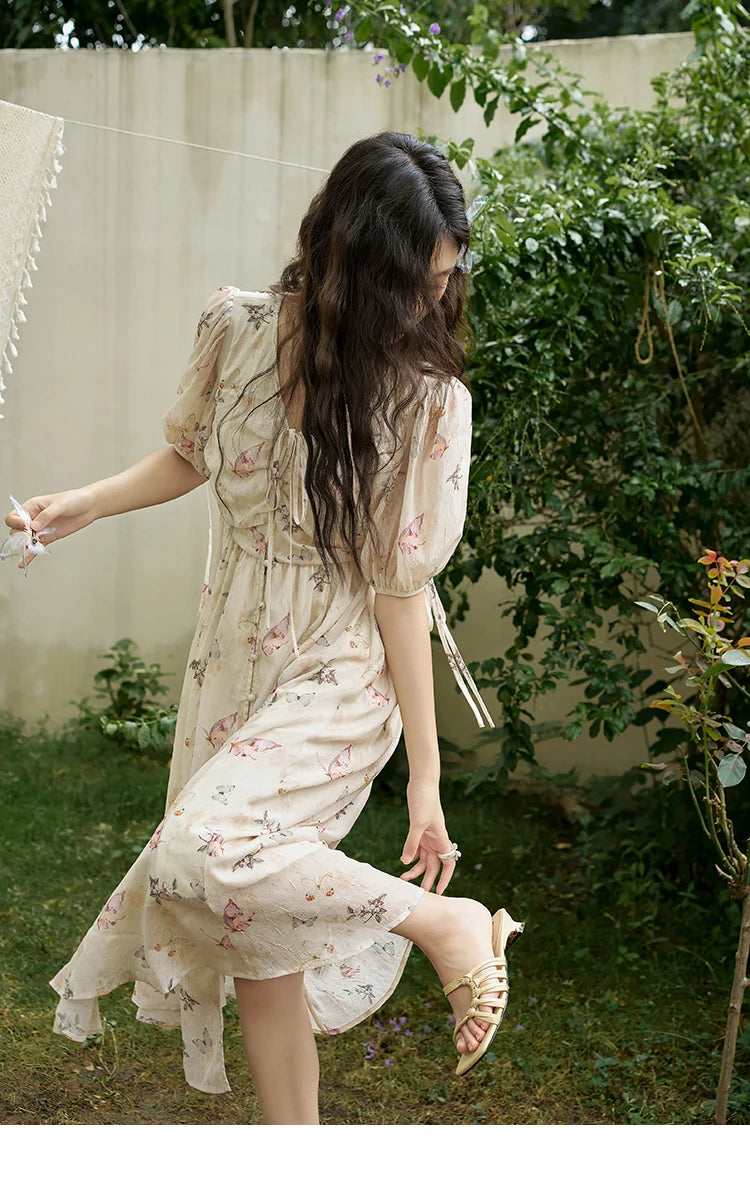 MISHOW Butterfly Printing Dress for Women 2025 Summer Luxury Elegant V-neck Lace-up Bubble Sleeves Slim Long Dress MXD15L1778