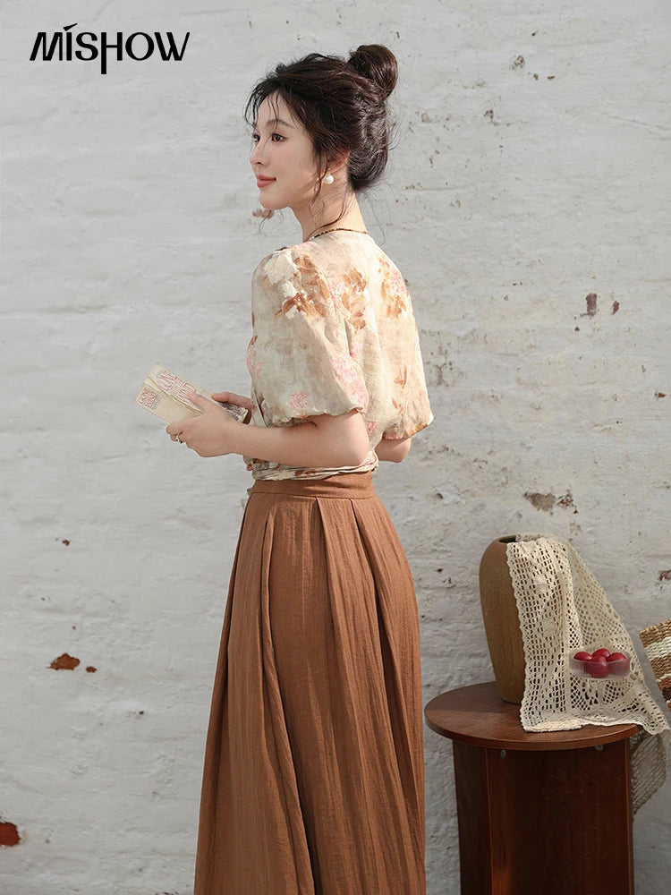 MISHOW French V-neck Floral Tops 2024 Summer Retro Short Sleeved Blouses Female Puff Sleeve Hem Strap One Piece Top MXD28X1619