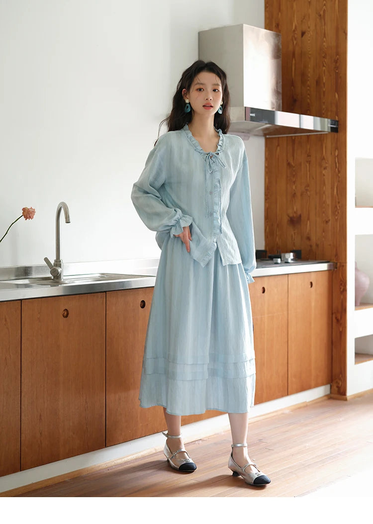 MISHOW Women's Light Blue Striped Linen Suit 2025 Autumn Fungus Edge V-neck Lace-up Shirt Elastic Waist Skirt Two pcs MXE41T0700