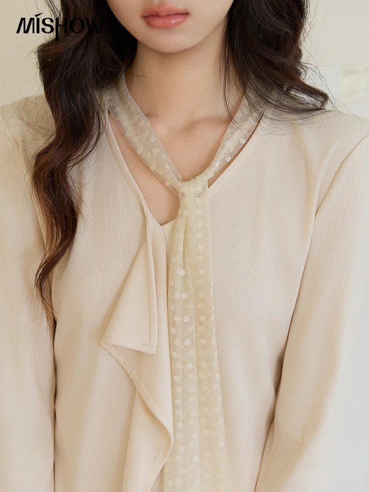 MISHOW Women's V-neck Splicing Lace Ribbon Long Sleeve Tops Spring Ruffled Asymmetrical Hem Flare Sleeve Knitwear MXF108Z1016