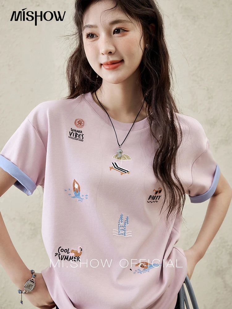 MISHOW Embroidered Casual T-shirt for Women Summer 2025 Short Sleeve Round Neck Shirts Female New Fashion Tops Lady MXE16T0506