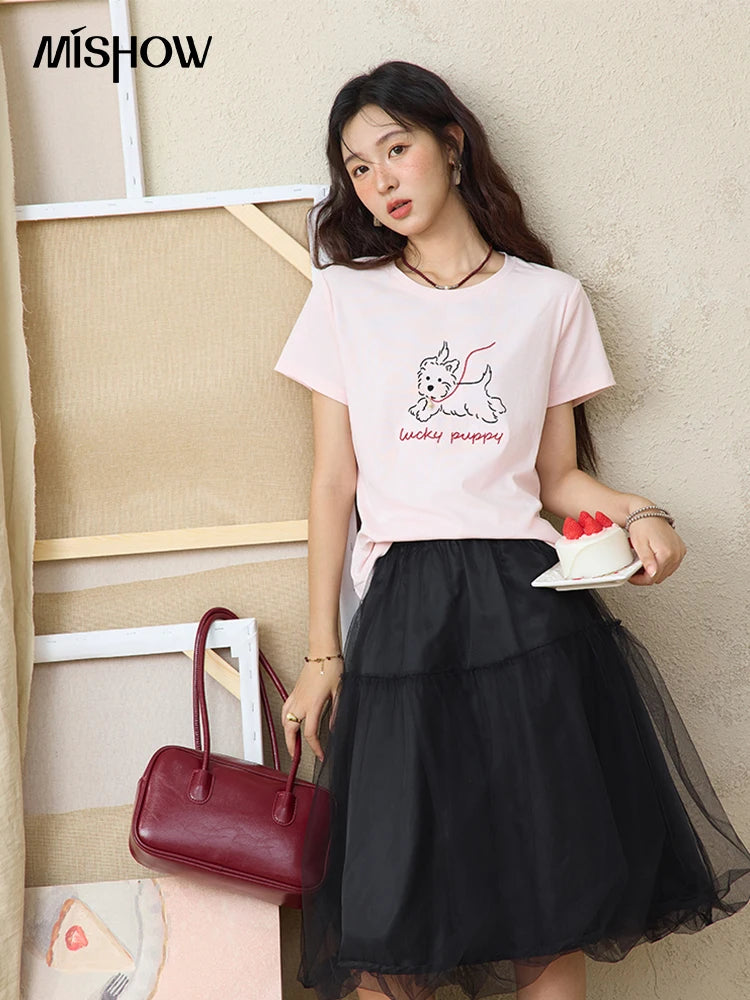 MISHOW Cute Printed Puppy Short Sleeve T-shirt 2025 Summer Round Neck Short Sleeved T-shirt Cotton Blend Casual Tees MXE36T0640