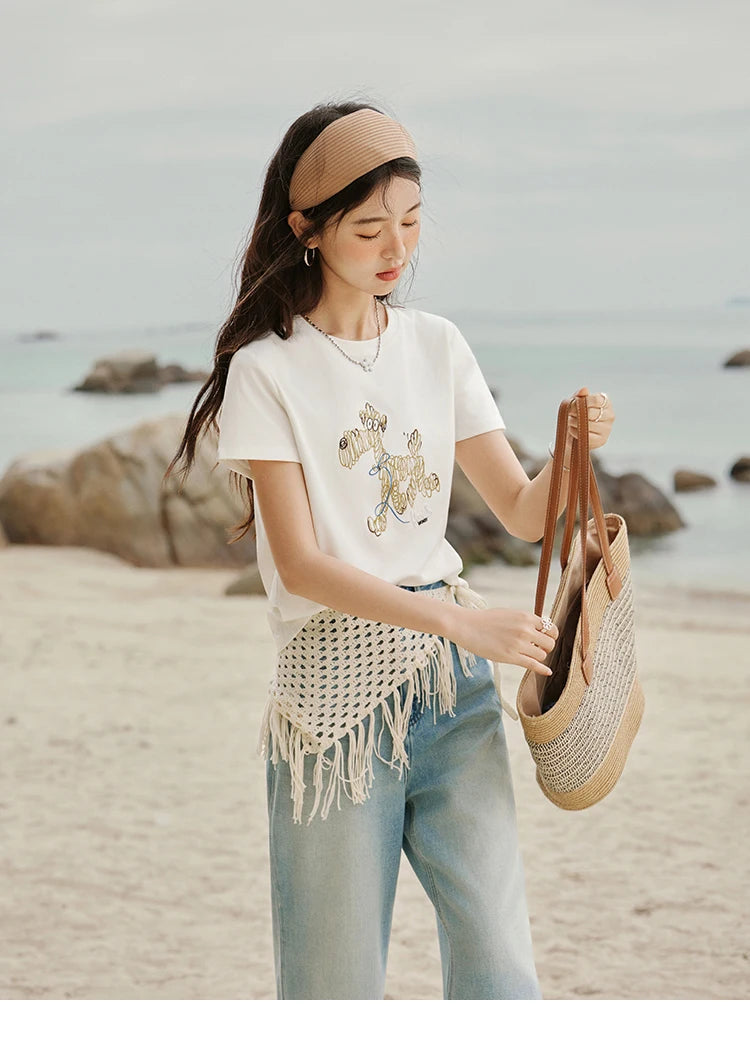 MISHOW Print Women‘s Summer T-shirts 2025 Short Sleeve Round Neck Loose Design Shirt Female Slim Embroidery Tops Lady MXE31T0550
