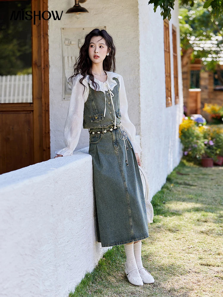 MISHOW Denim Vest Coat Midi Skirt Separately for Women Spring 2025 Korean Retro Washed Cotton Coat Slim A-line Skirt MXE13W0731