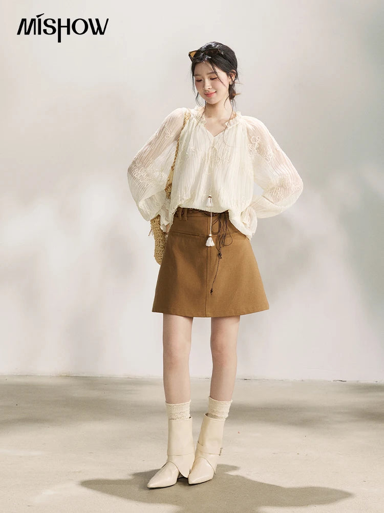 MISHOW Women's Tassel Tie Flower Embroidered Blouse 2026 Spring V-Neck Lantern Sleeves Top Casual Loose Sheer Blouses MXF13X2525