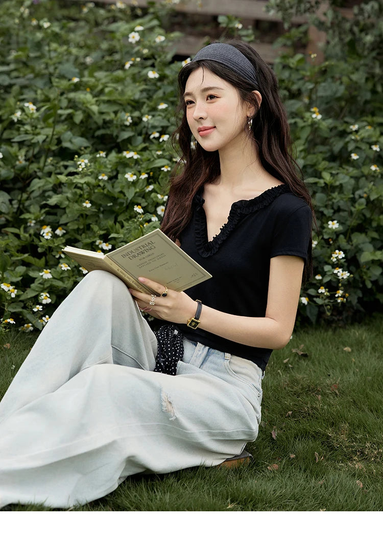 MISHOW Casual Summer T-shirts Women New 2025 Short Sleeve V-neck  Solid Straight Shoulder Slimming Shirt Female Thin MXE35T0562