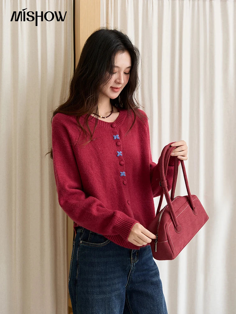 MISHOW Red Knitted Cardigan for Women 2025 Autumn Round Neck Single Breasted Buckle Embroidered Casual Cardigans Lady MXE47Z2621