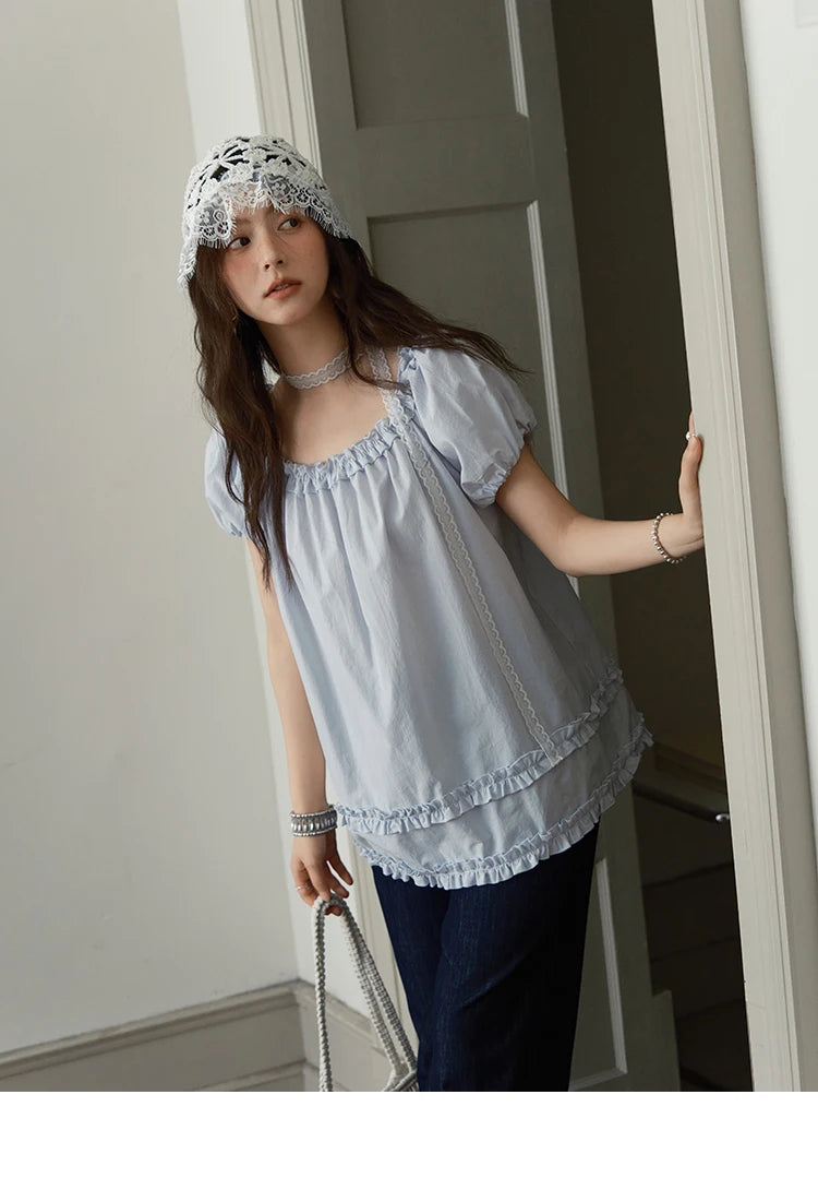 MISHOW Women's Fashion Puff Sleeve Blouse 2025 Summer Casual O-Neck Edible Tree Fungus Spliced Top Female Clothing MXE39X1929