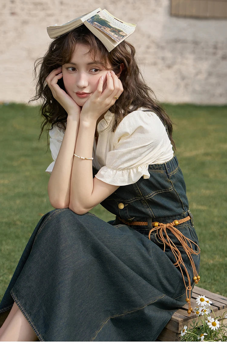 MISHOW Suspender Denim Dress Paired Blouse Separately 2024 Summer V Neck Puff Sleeve Top Back Elastic Waist Dress MXD21L1664