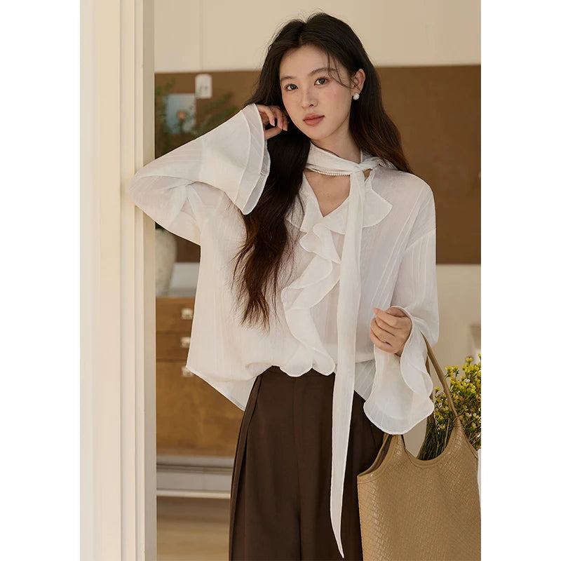 MISHOW Women's Ruffle Trim Chiffon Blouse with Detachable Scarf 2026 Spring Long Sleeve Loose Fit Casual White Top MXF108X0999