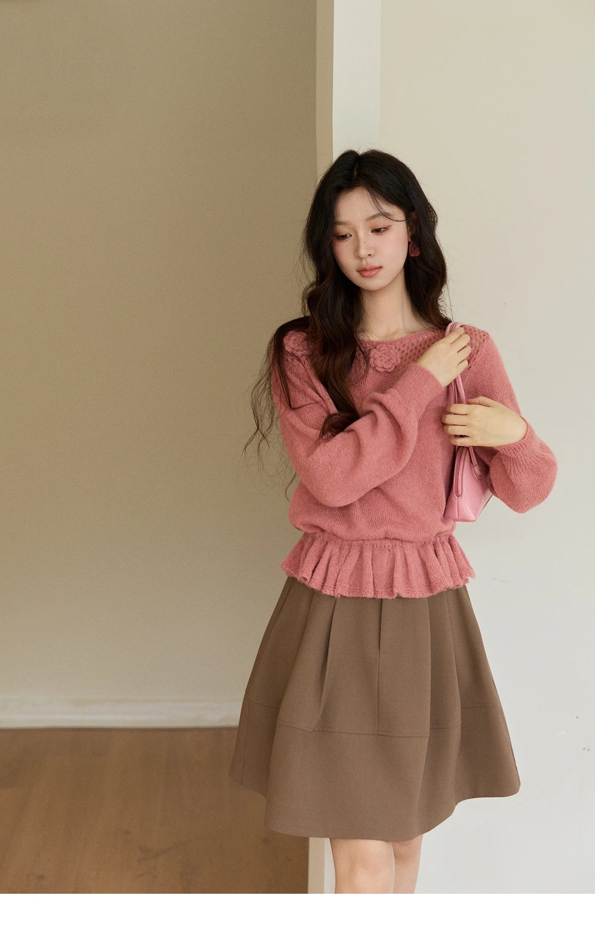 MISHOW Women's Pink Hollow-out Knitwear 2026 Spring Crew Neck Floral Embroidery Sweater Ruffled Hem Casual Loose Top MXE94Z2865