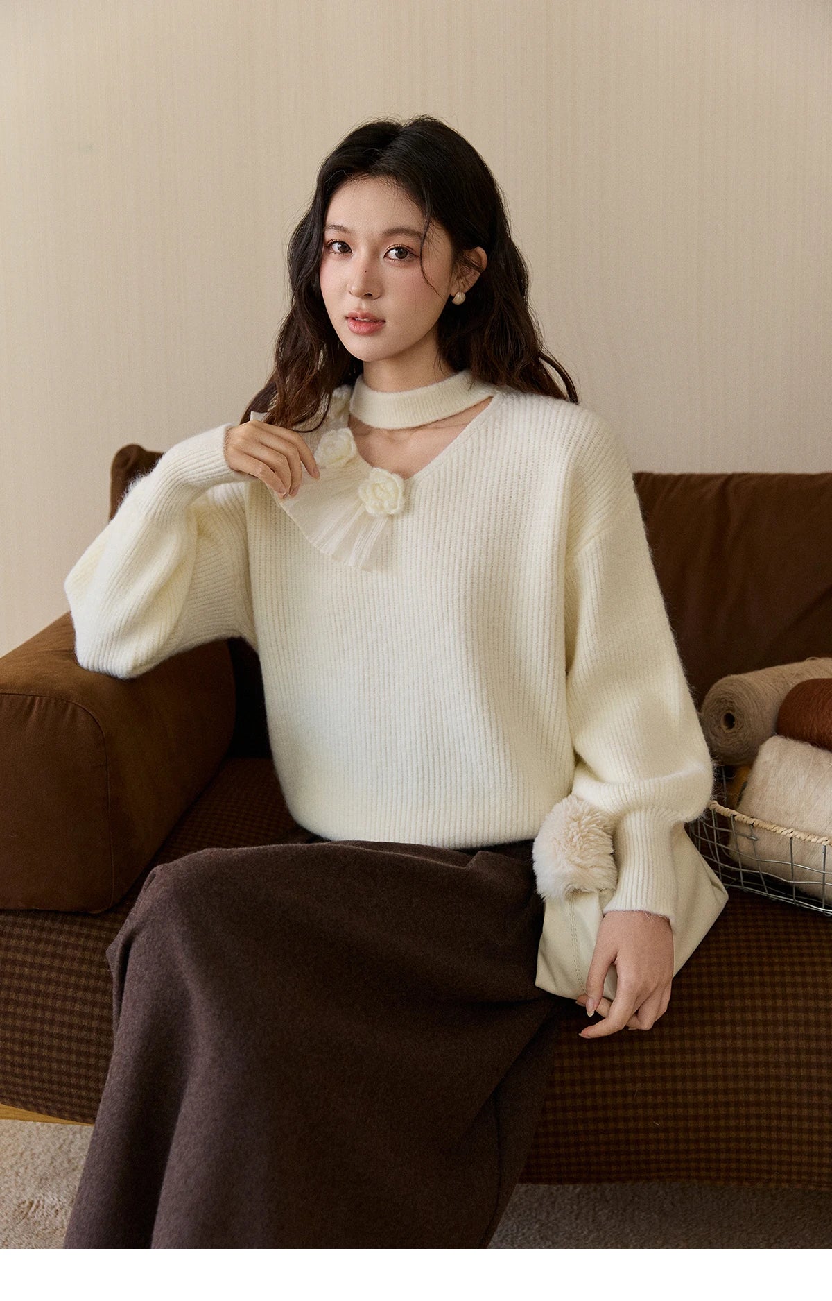 MISHOW Women's Cutout Neck Knitted Sweater 2025 Winter Ruffle Flower Decor Dropped Lantern Sleeves Pullover Tops MXE94Z2982