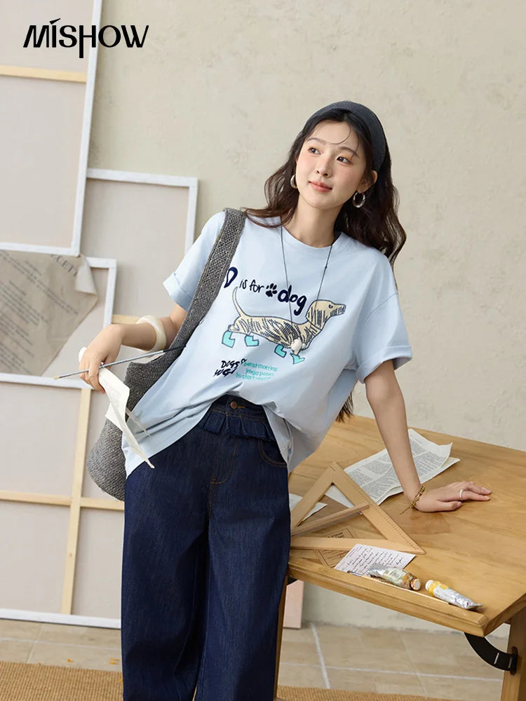 MISHOW Print Summer T-shirts Women 2025 Short Sleeve Round Neck Flocked Puppy Loose Shirt Female Casual Versatile Top MXE33T0542
